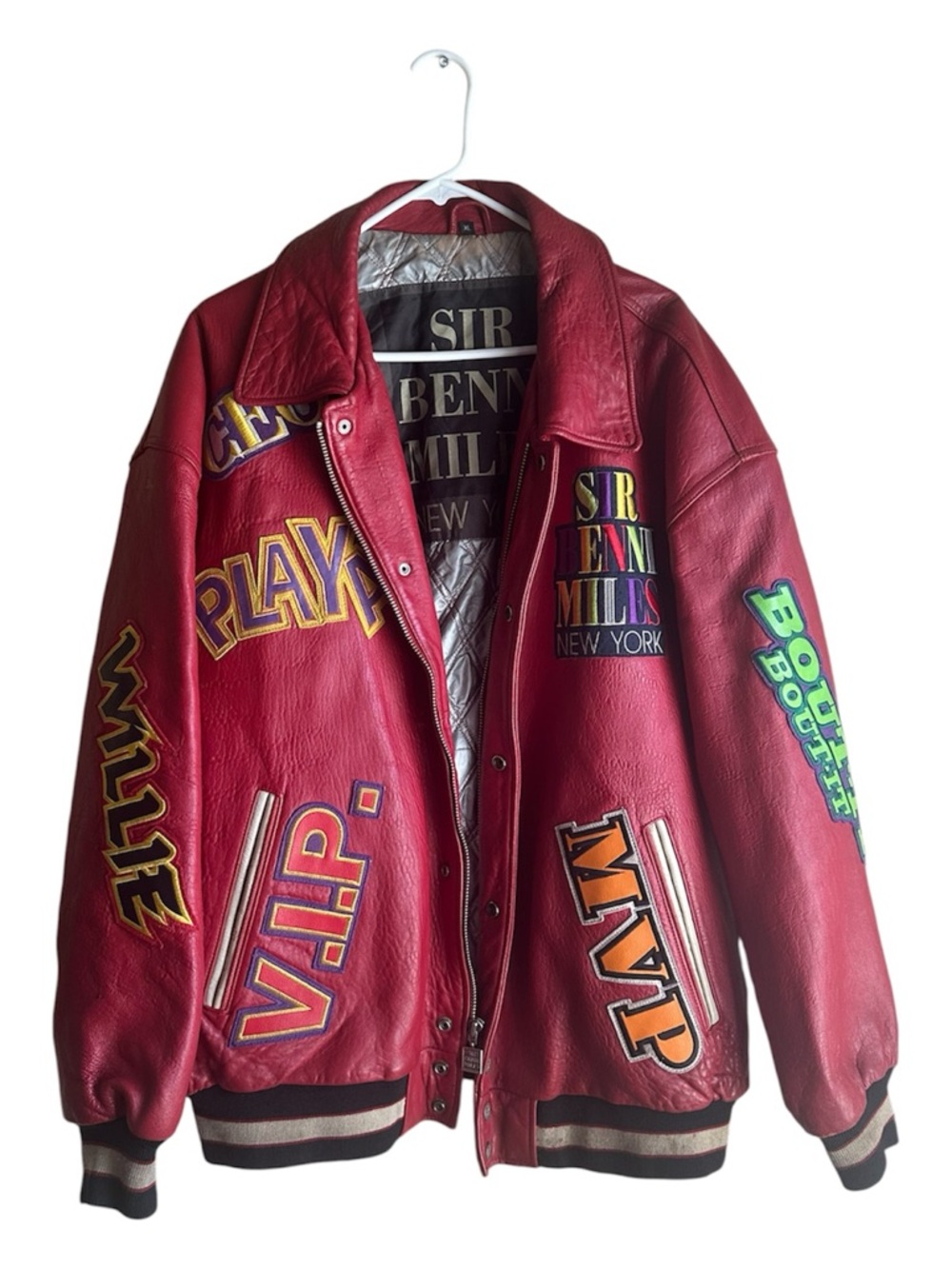 Sir Benni Miles Red Leather Patch Jacket XL MVP VIP Hustla Vintage Streetwear - Picture 2 of 15